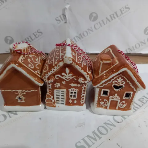BOXED SET OF 3 PRE-LIT CERAMIC TREE HANGING GINGERBREAD HOUSES