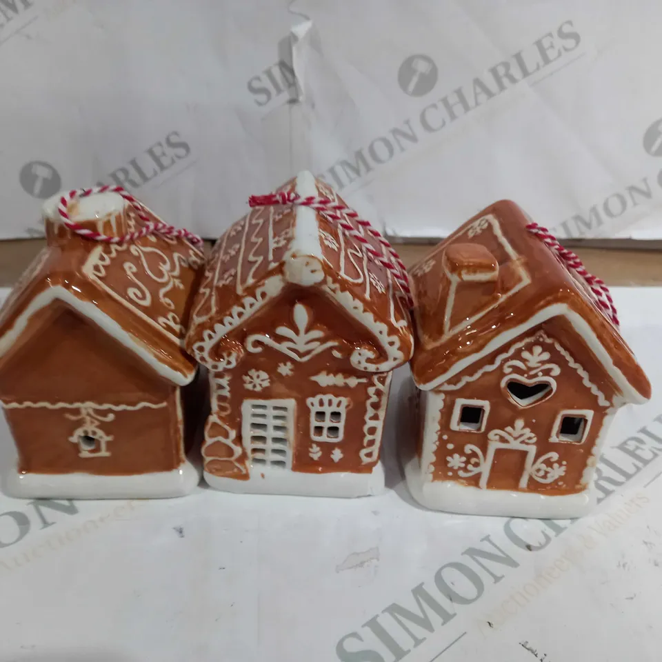 BOXED SET OF 3 PRE-LIT CERAMIC TREE HANGING GINGERBREAD HOUSES 