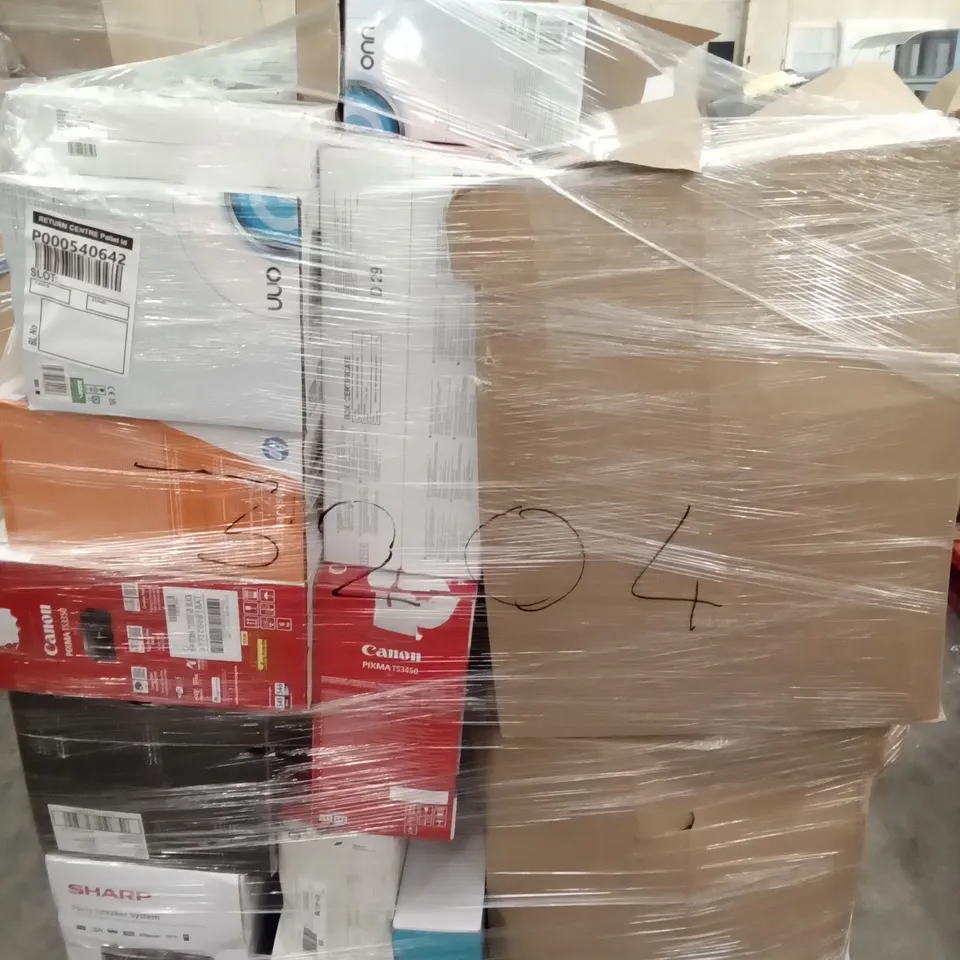 PALLET OF ASSORTED ELECTRONICS INCLUDING SHARP PARTY SPEAKER SYSTEM, EPSON PRINTER, WIRED HEADPHONES, CANON PIXMA PRINTER, CD BOOMBOX, HP DESKJET