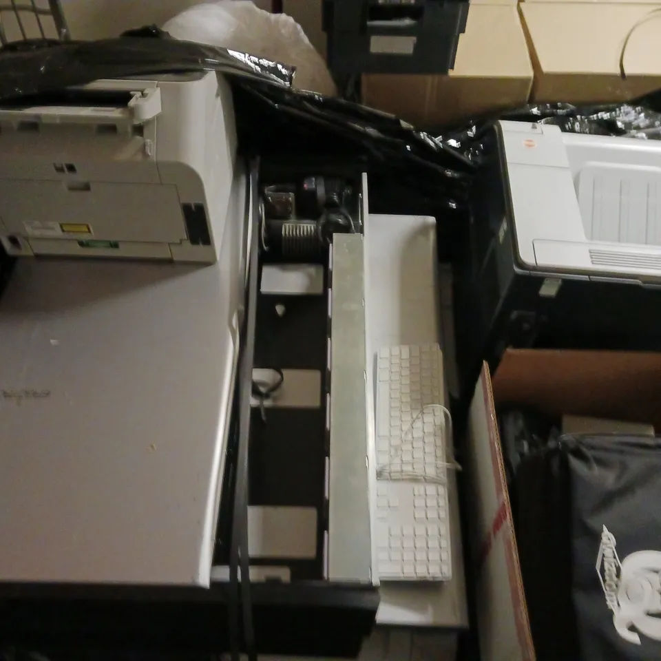 PALLET OF ASSORTED PRINTERS AND COMPUTER ACCESSORIES TO INCLUDE BROTHER FAX, HP LASERJET 600, APPLE MAC MOUSE, ETC - COLLECTION ONLY