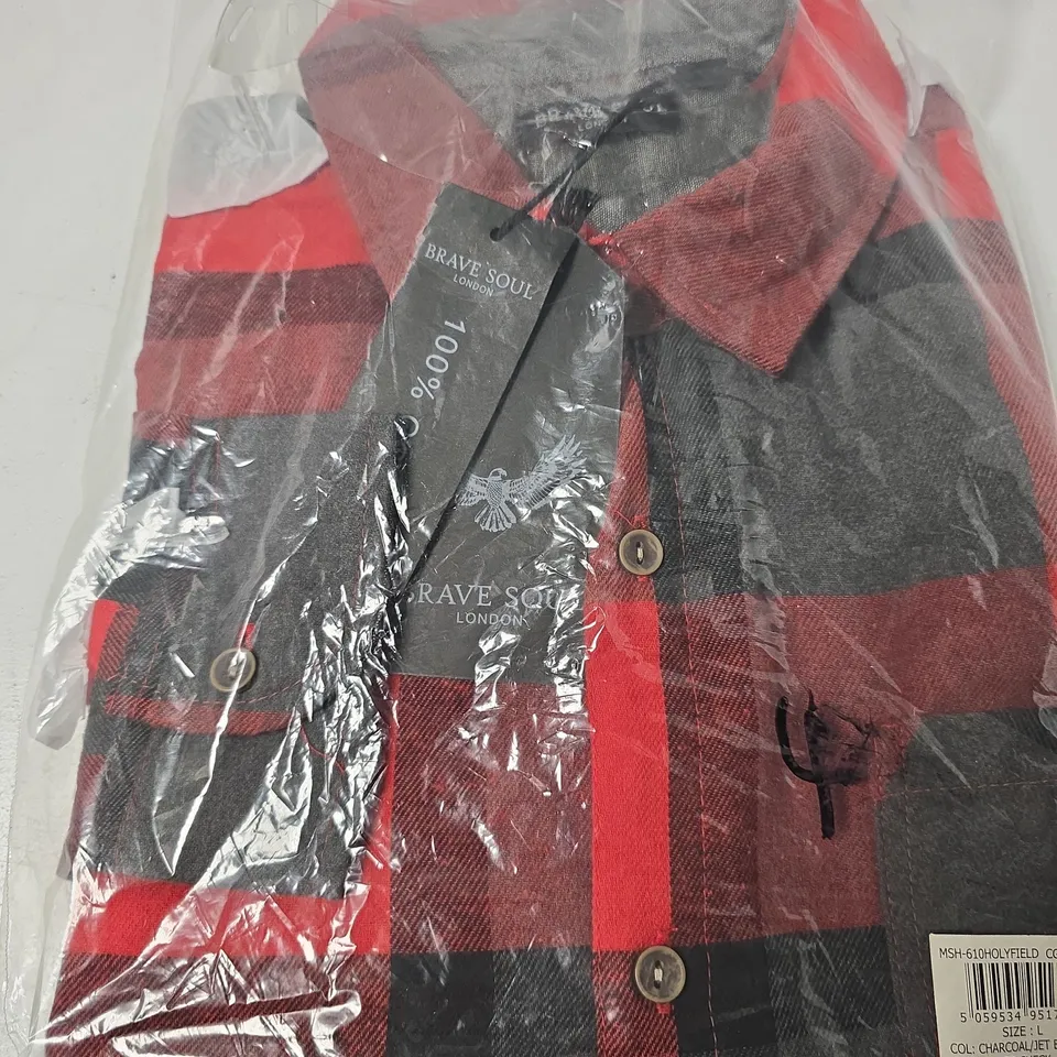 BRAVE SOUL LONDON MEN'S SHIRT - CHARCOAL/JET BLACK & RED CHECK - SIZE L