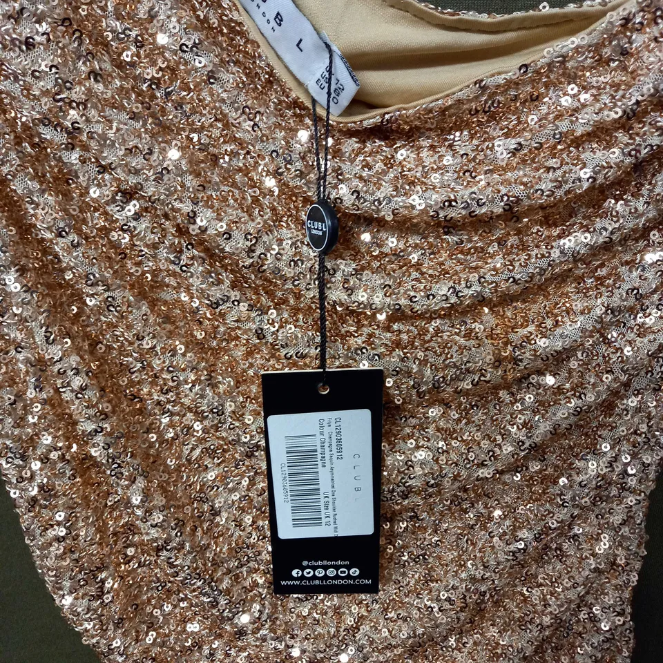 CLUB OF LONDON CHAMPAGNE SEQUIN ASYMMETRICAL ONE SHOULDER RUCHED MIDI DRESS - UK 12