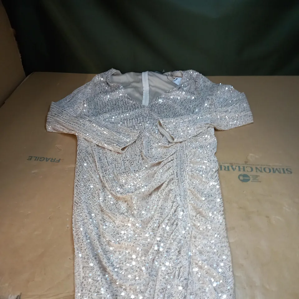 PLUS ALL OVER SEQUIN RUCHED MIDI DRESS IN SILVER SIZE 18