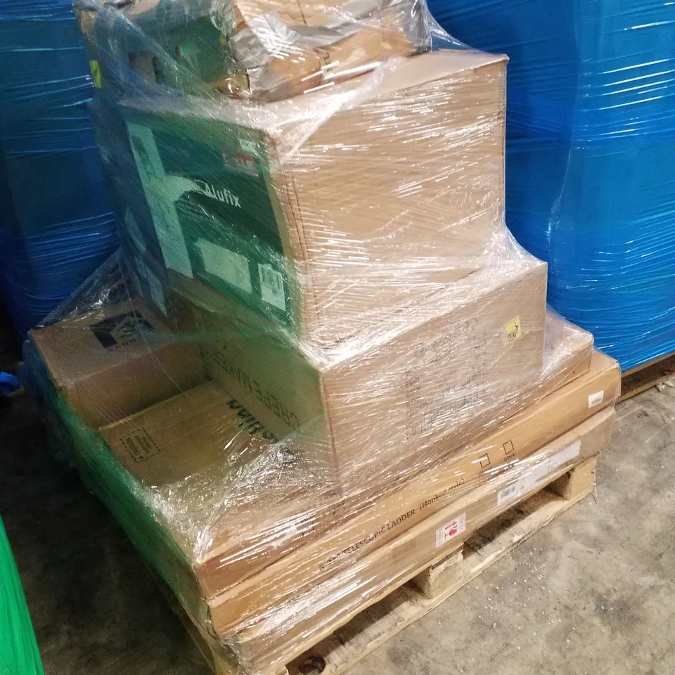 PALLET CONTAINING ASSORTED PRODUCTS TO INCLUDE 6.2M TELESCOPIC LADDER, SOLAR MODULE, CREPE MAKER