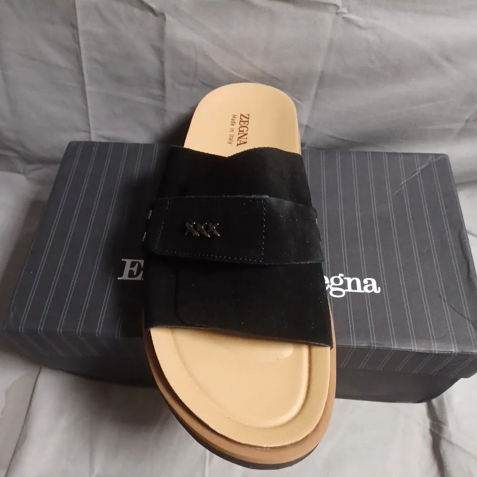 BOXED PAIRO OF ZEGNA BLACK VELVET STRAP SLIDE SANDALS – UK SIZE 10