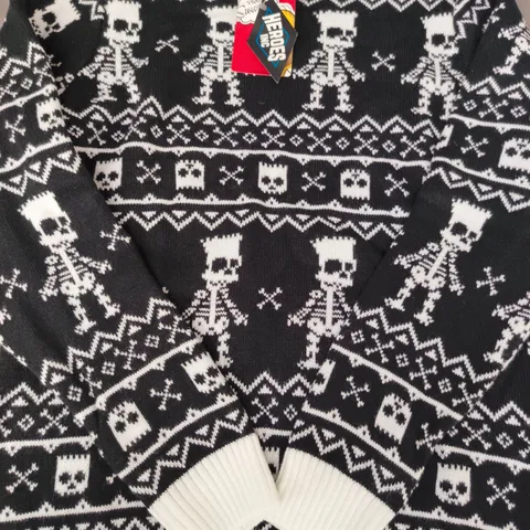THE SIMPSONS BART SKELETON REPEAT KNITTED JUMPER IN BLACK/WHITE SIZE SMALL