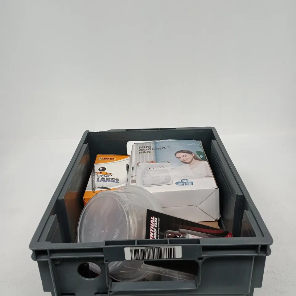 TOTE OF APPROXIMATELY 15 ASSORTED ITEMS TO INCLUDE MINI COOLING FAN, BIC PENS, RENTHAL GRIP GLUE, ETC