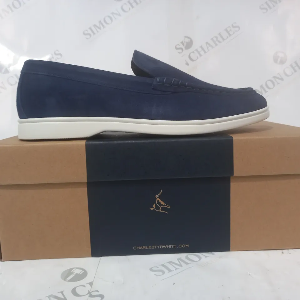 BOXED PAIR OF CHARLES TYRWHITT SUEDE SLIP-ON SHOES IN BLUE UK SIZE 8