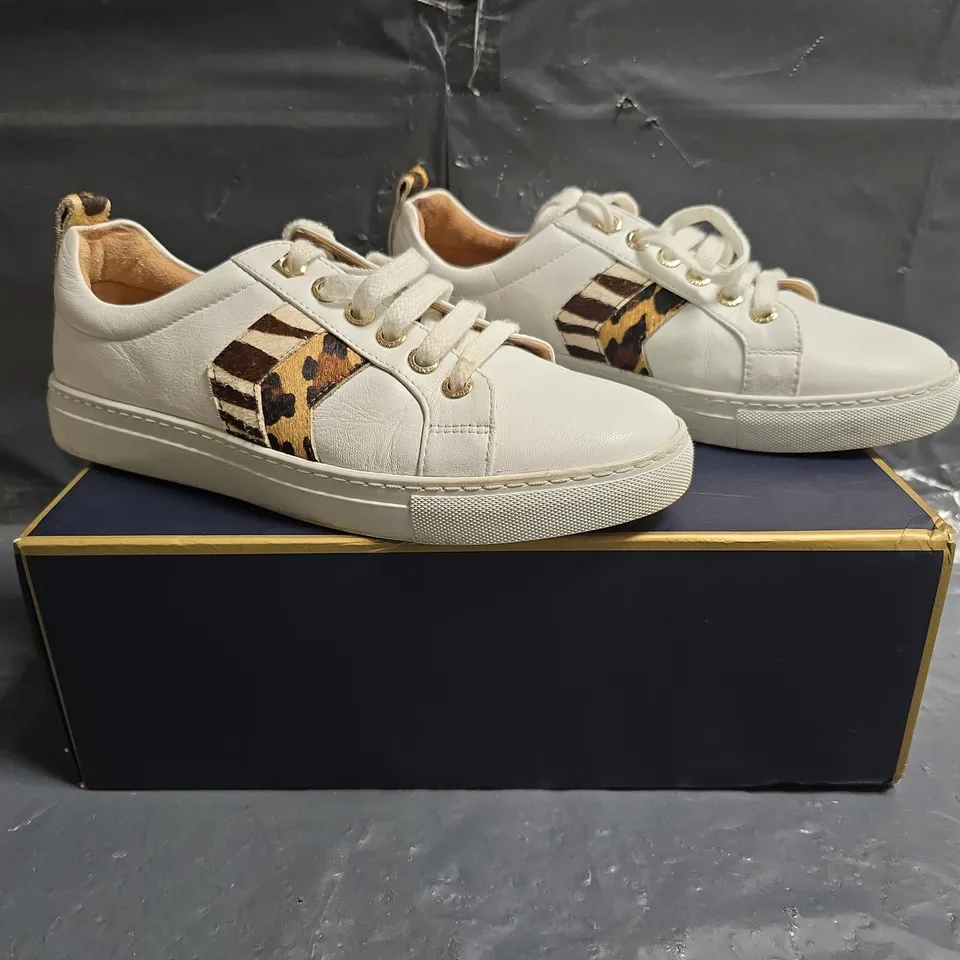 BOXED PAIR OF FAIRFAX & FAVOR ALEXANDRA TRAINERS IN WHITE W. JAGUAR/ZEBRA PRINT SIZE UK 6