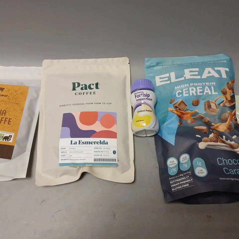 BOX OF APPROX 8 ASSORTED FOOD ITEMS TO INCLUDE - PACT COFFEE LA ESMERELDA - BEECH MINT FOUNDANTS - BROWN BEAR ETHIOPIA YIRGACHEFFE ECT