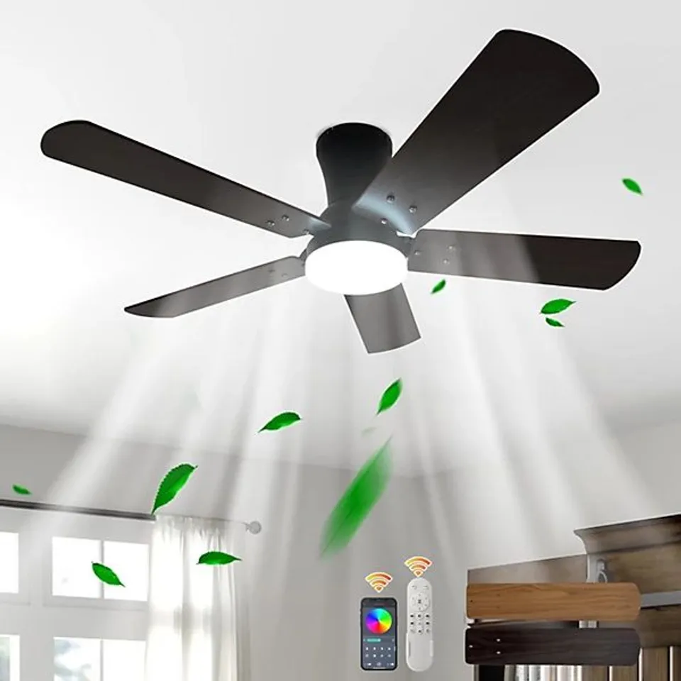 BOXED GARWARM 42 INCH BLACK FLUSH MOUNT CEILING FAN WITH DIMMABLE RGB LED LIGHT & REMOTE CONTROL