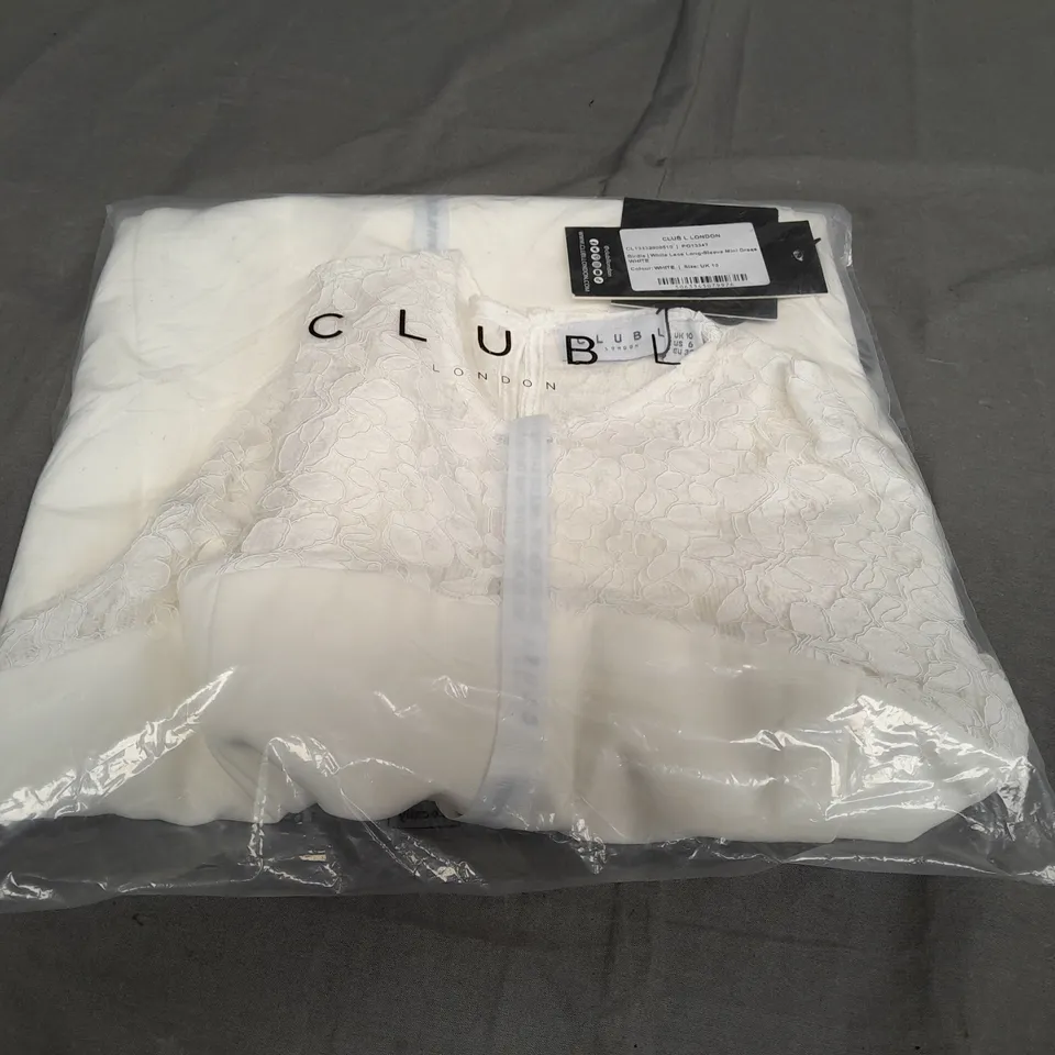 SEALED CLUBL BIRDIE WHITE LACE LONG SLEEVE MINI DRESS IN WHITE - UK 10