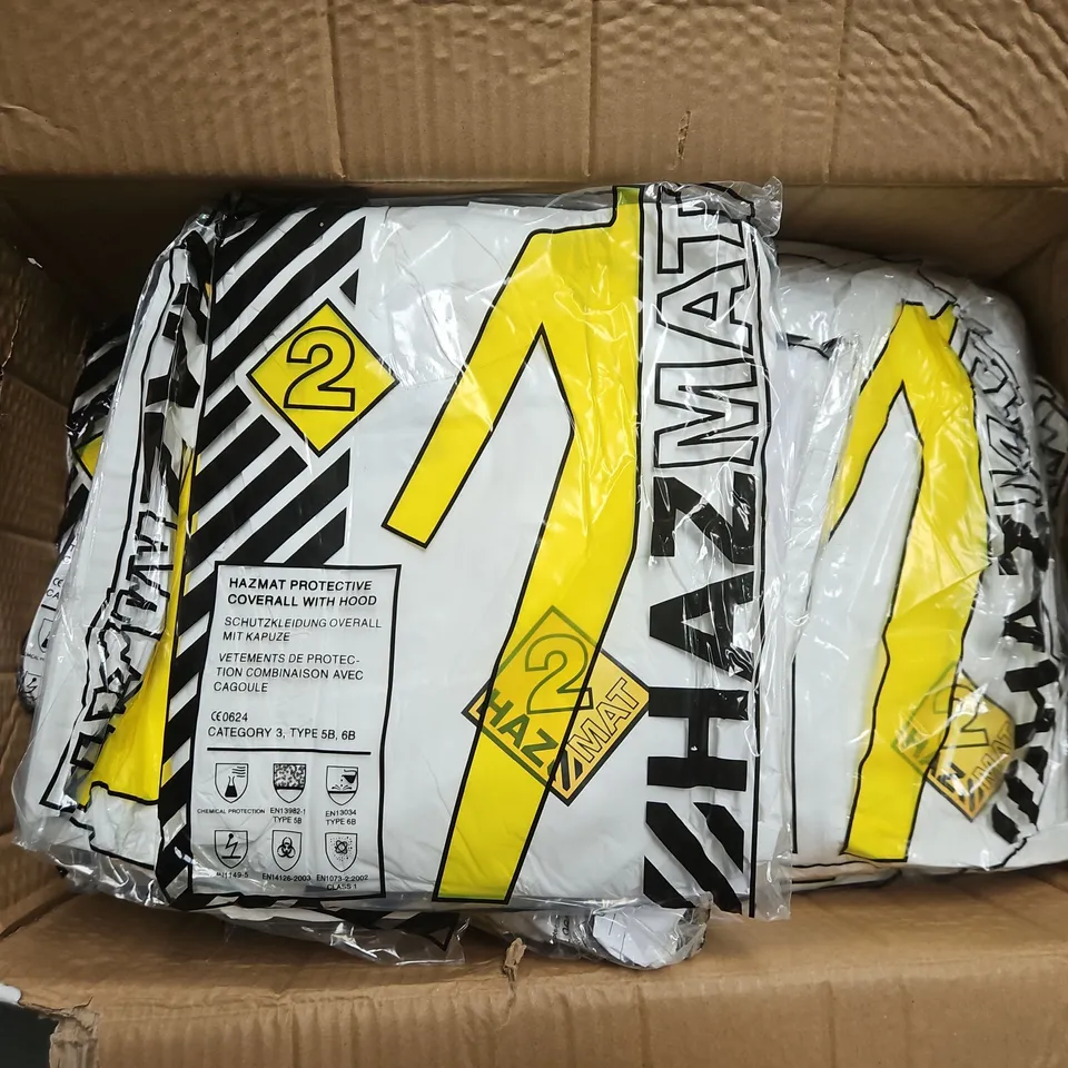 BOX OF APPROX. 30 BAGGED HAZMAT PROTECTIVE COVERALL WITH HOOD SIZE XL 
