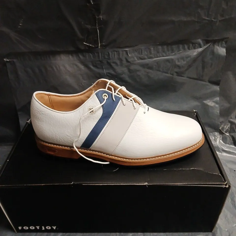 FOOTJOY WHITE LEATHER GOLF SHOES WITH BLUE STRIPE – BOXED UK 11