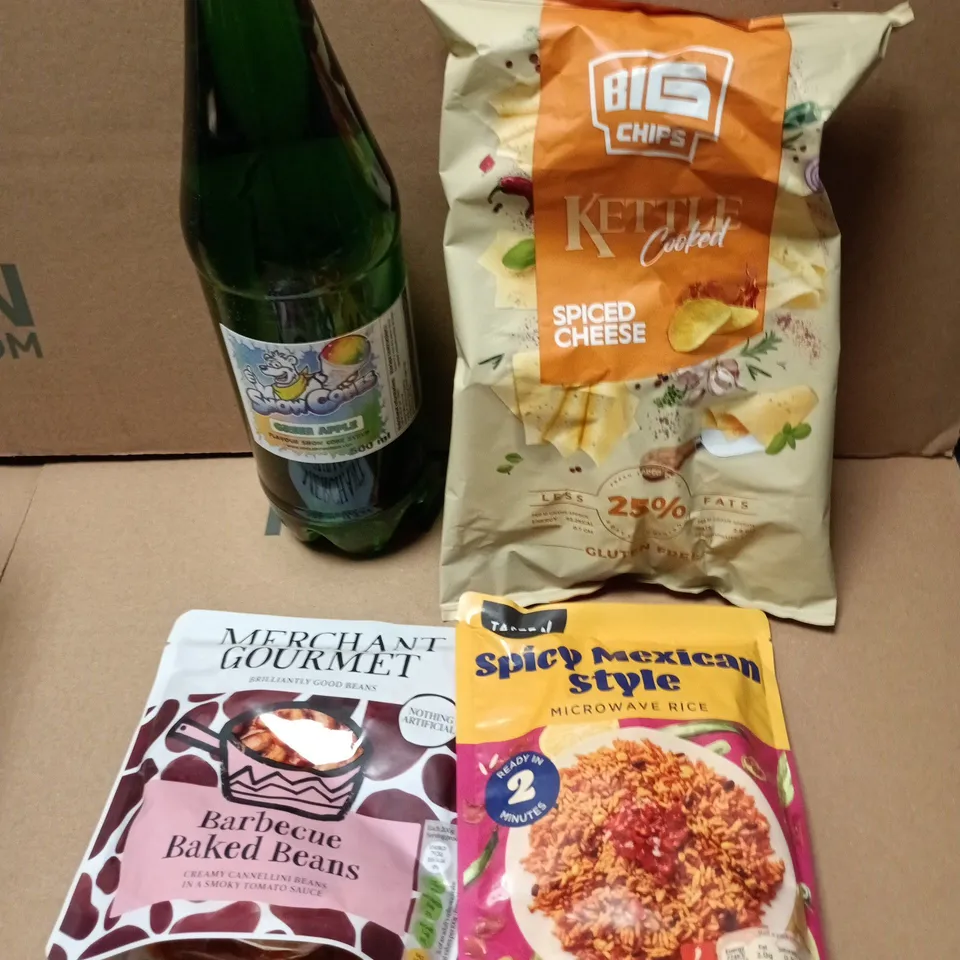 APPROXIMATELY 10 ASSORTED FOOD/DRINK PRODUCTS TO INCLUDE MEXICAN RICE, BIG CHIPS, KOMBUCHA ETC 