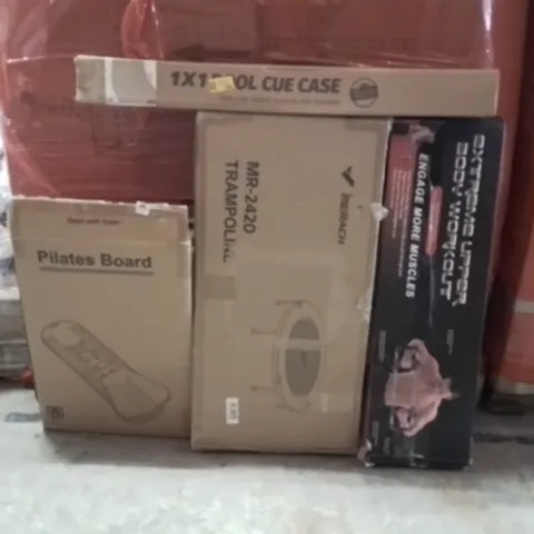 PALLET OF ASSORTED HOUSEHOLD GOODS AND PRODUCTS TO INCLUDE;PILATES BOARD,KIDS TRAMPOLINE,POOL CUE CASE,BODY WORKOUT