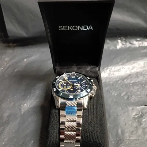 SEKONDA CHRONOGRAPH WATCH, BLUE DIAL & BEZEL, STAINLESS STEEL BRACELET – IN PRESENTATION BOX