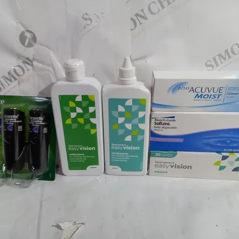 BOX OF APPROX 15 ASSORTED VISION CARE ITEMS TO INCLUDE - SPECSAVERS EASY VISION UNIPURPOSE - ACUVUE MOIST - SPECSAVERS EASY VISION AQULANE ECT