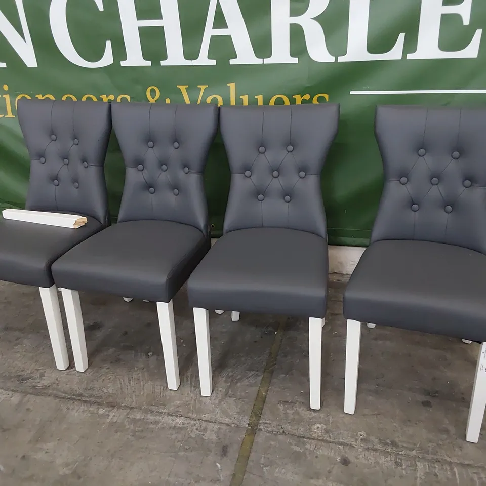 SET OF FOUR UPHOLSTERED BUTTONED BACK DINING CHAIRS GREY PU ON WHITE PAINTED LEGS 