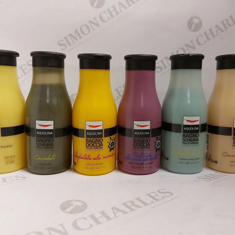 BOX OF APPROXIMATELY 20 ASSORTED AQUOLINA BAGNO BATH/SHOWER FOAMS TO INCLUDE WHITE CHOCOLATE, VANILLA, ROSE FROSTED CUPCAKE ETC