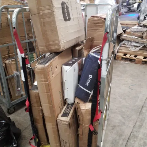 CAGE CONTAINING ASSORTED PRODUCTS INCLUDING EXERCISE MATS, GARDEN PARASOL & 18KG DUMBELL SET
