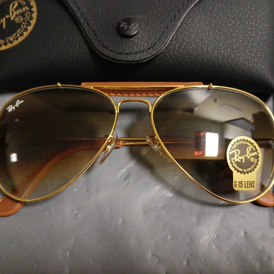 BOXED PAIR OF RAY BAN GLASSES WITH G-15 LENS AND LEATHER DETAIL IN CASE