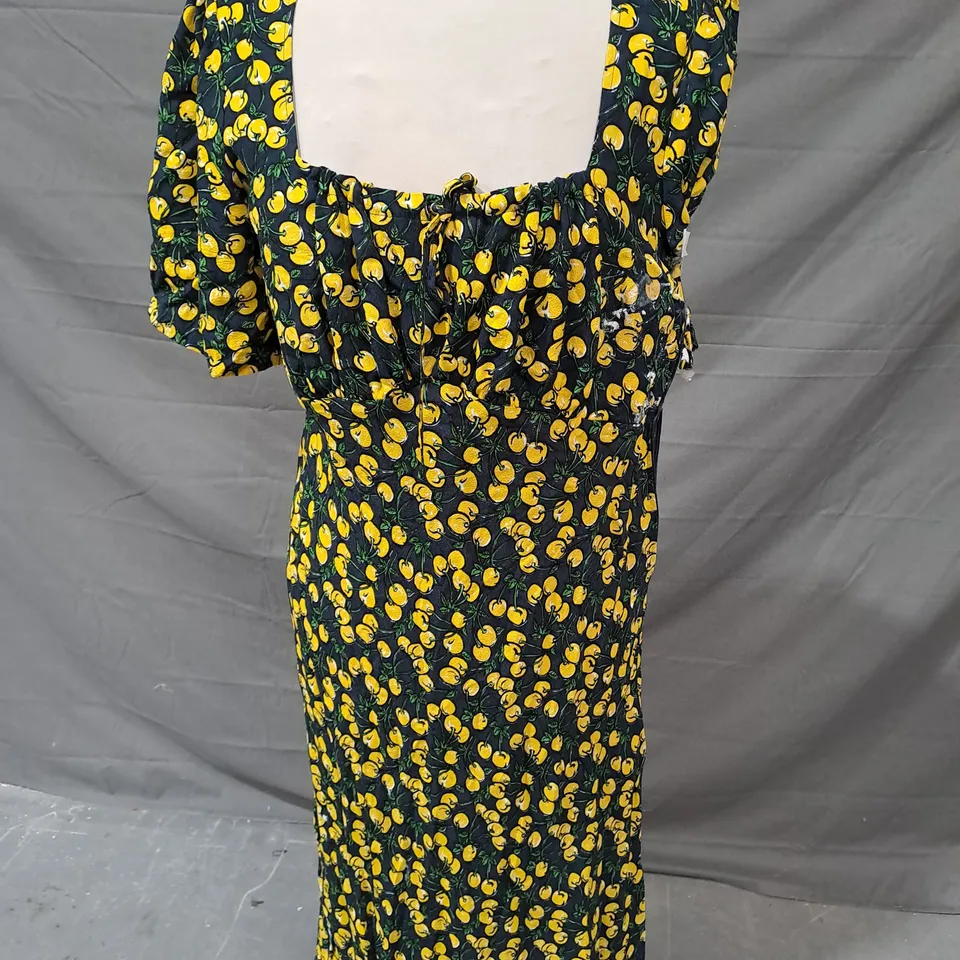 HUSH ESTHER MIDI DRESS IN BLACK W. YELLOW CHERRIES SIZE 10
