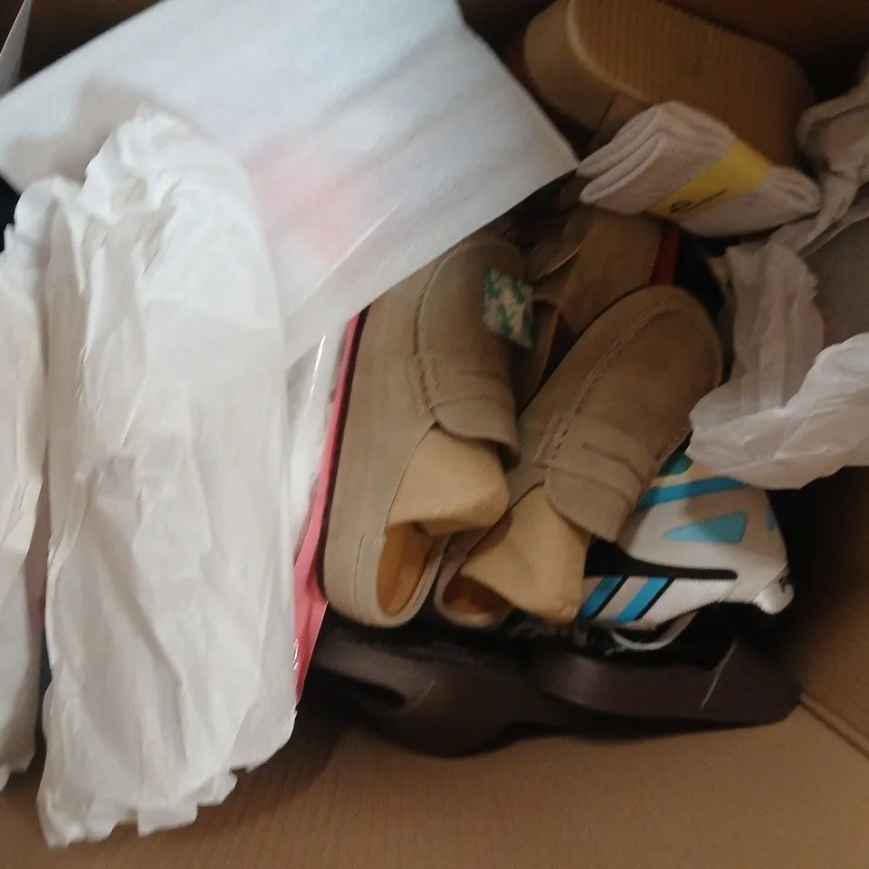 BOX OF APPROXIMATELY 15 ASSORTED PAIRS OF SHOES AND FOOTWEAR ITEMS IN VARIOUS COLOURS, STYLES, AND SIZES - COLLECTION ONLY