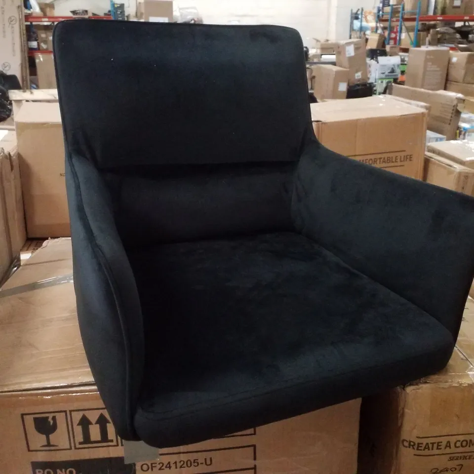 BOXED PAIR OF BLACK VELVET UPHOLSTERED DINING CHAIRS