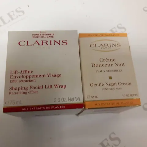 5 ASSORTED CLARINS PARIS PRODUCTS TO INCLUDE; GENTLE NIGHT CREAM SENSITIVE SKIN 50ML(X2) AND SHAPING FACIAL LIFT WRAP RETRACTING EFFECT 75ML(X3)