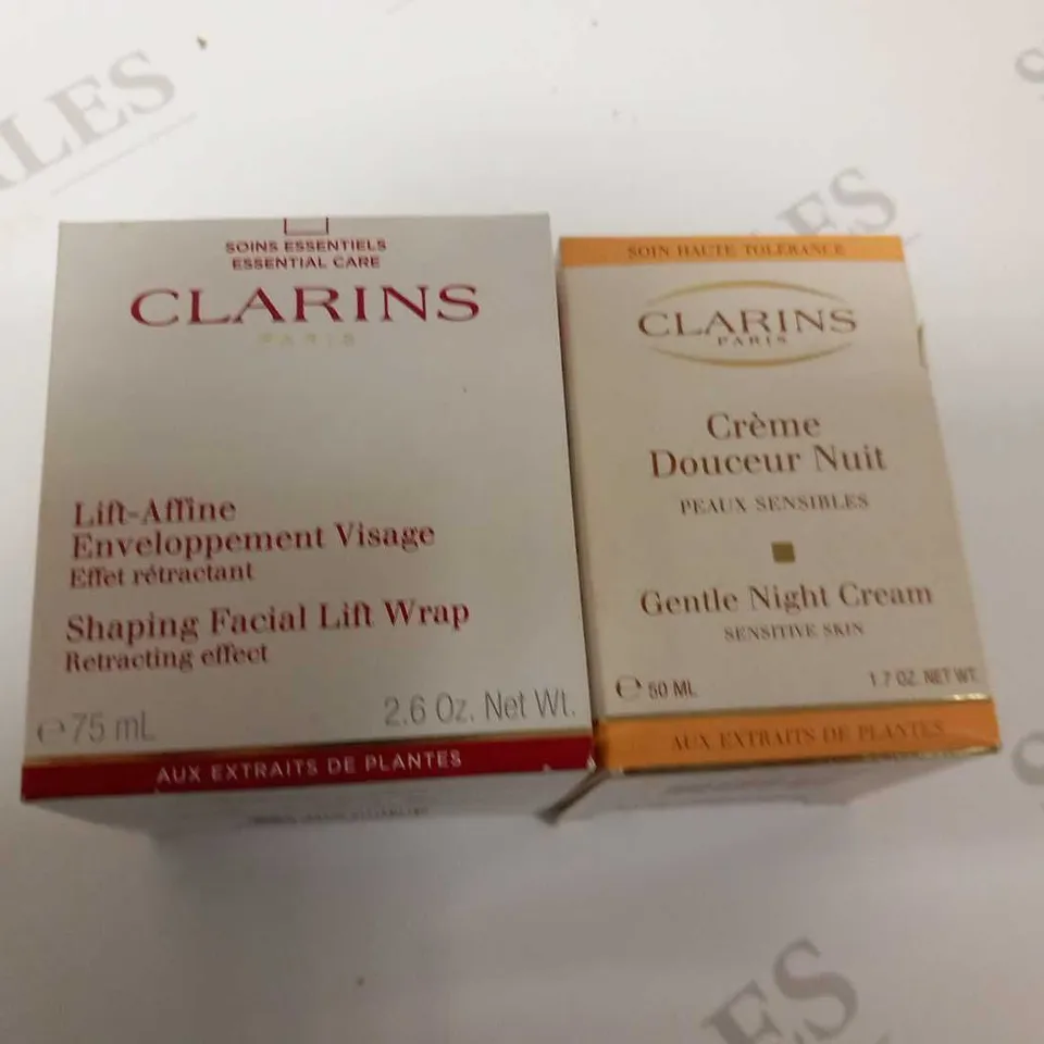 5 ASSORTED CLARINS PARIS PRODUCTS TO INCLUDE; GENTLE NIGHT CREAM SENSITIVE SKIN 50ML(X2) AND SHAPING FACIAL LIFT WRAP RETRACTING EFFECT 75ML(X3)