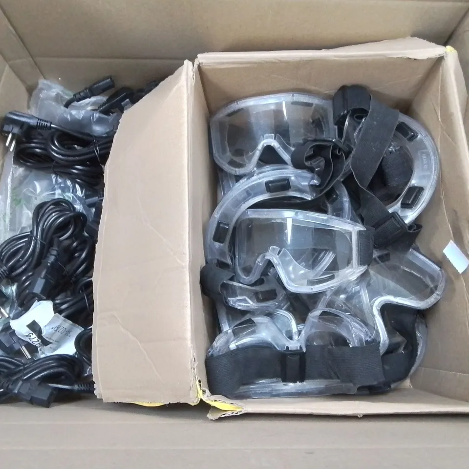 LOT OF ASSORTED ITEMS TO INCLUDE SOLDERING IRONS, DOWSIL 3140 RTV COATING, SAFETY GOGGLES AND POWER LEADS