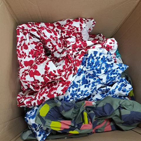 LARGE BOX OF ASSORTED CLOTHING ITEMS IN VARIOUS SIZES, COLOUR AND STYLE