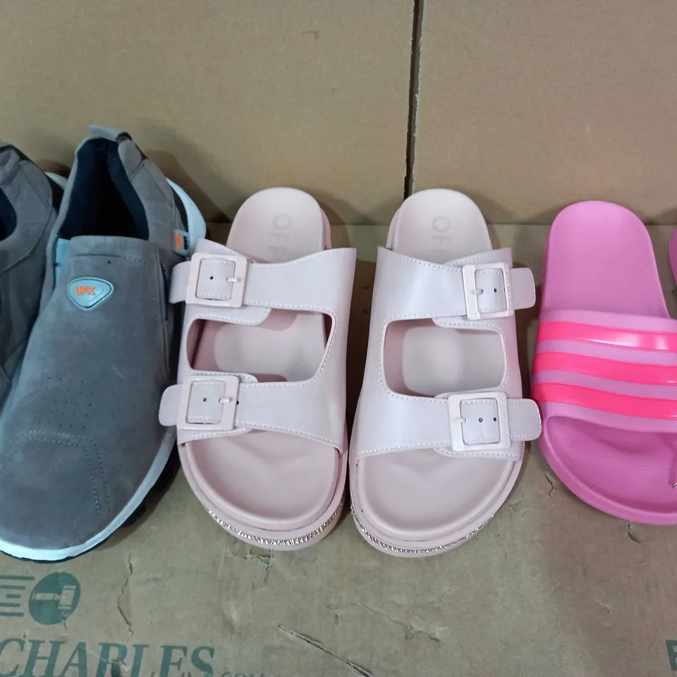 BOX OF APPROXIMATELY 20 ASSORTED PAIRS OF FOOTWEAR ITEMS TO INCLUDE UFK SPORT LACELESS SHOES IN GREY SIZE UNSPECIFIED, OFFICE SANDALS IN PINK WITH JEWEL EFFECT EU SIZE 40, ADIDAS SLIDE STYLE SANDALS I