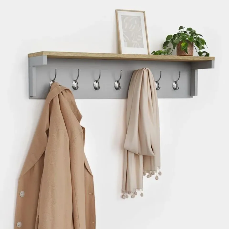 BOXED VONHAUS COAT HOOKS WALL MOUNTED, GREY COAT RACK WITH SHELF & 7 STRONG DOUBLE HOOKS, HALLWAY ORGANISER WITH MELAMINE WOOD EFFECT