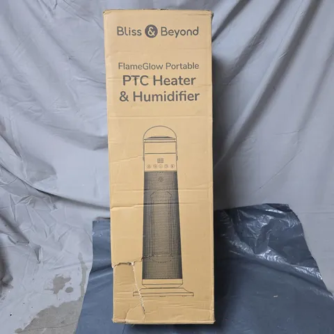 BLISS & BEYOND FLAMEGLOW PORTABLE PTC HEATER & HUMIDIFIER – BOXED