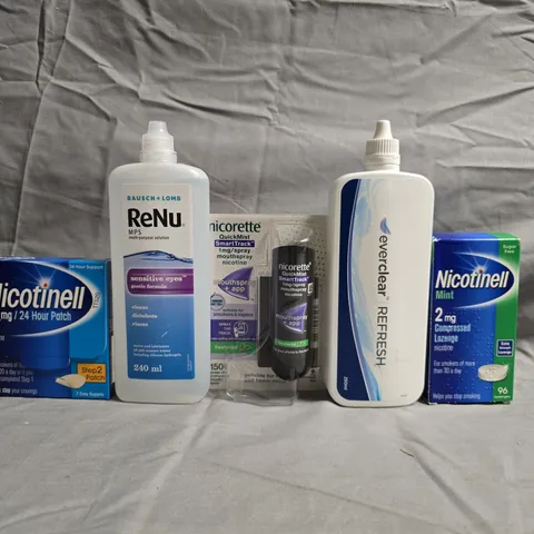 APPROXIMATELY 20 ASSORTED ITEMS TO INCLUDE NICOTINELL, NICORETTE, RENU MPS, EASYVISION, ETC