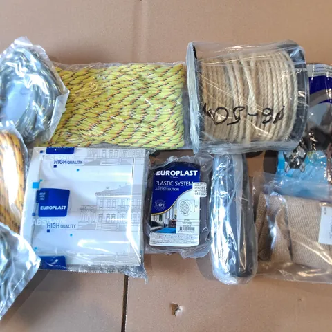 PALLET OF ASSORTED ITEMS TO INCLUDE VARIOUS ROPES, FAN COVERS AND JUTE TAPE