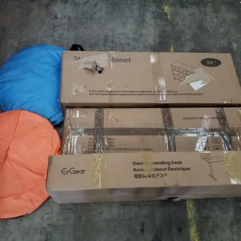 PALLET CONTAINING ASSORTED PRODUCTS INCLUDING STORAGE CABINET, ELECTRIC STANDING DESK, POP UP TENTS & DRESSER WITH 8 DRAWERS