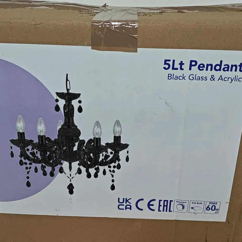 BOXED 5-LIGHT PENDANT LIGHT IN BLACK GLASS AND ACRYLIC