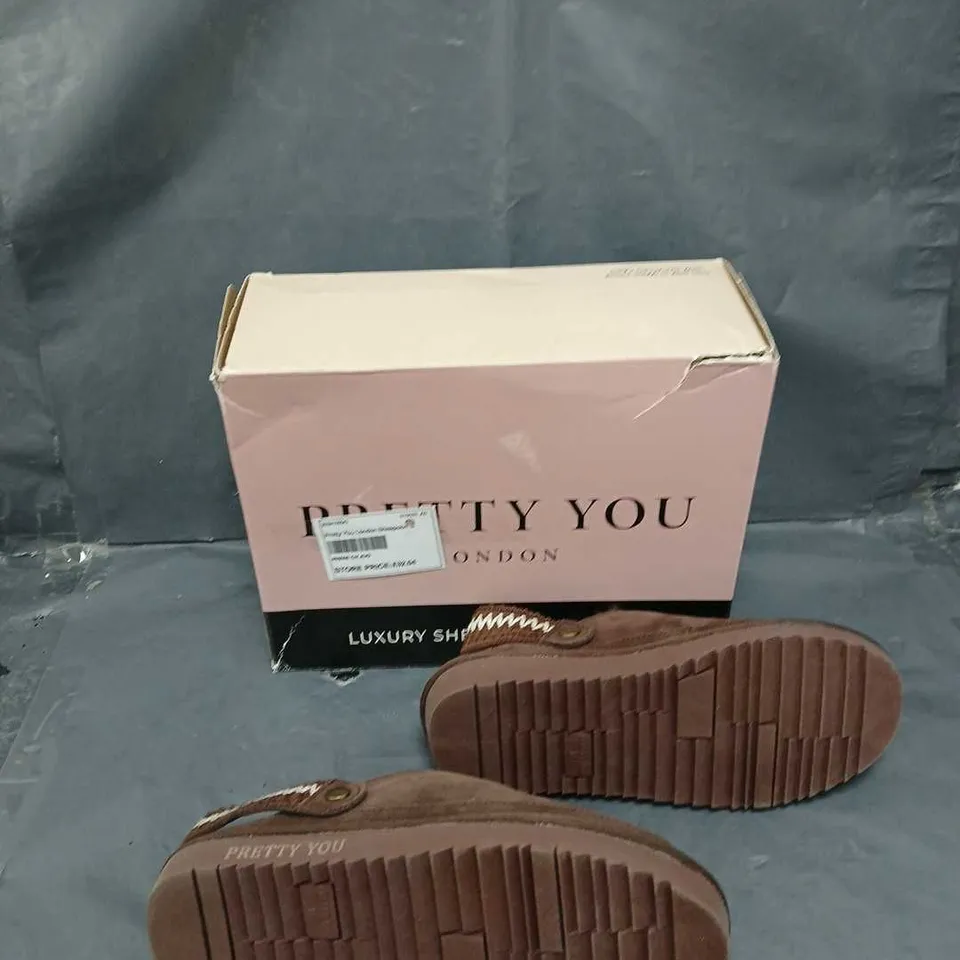 BOXED PAIR OF PRETTY YOU LUXURY SHEEPSKIN SLIPPERS CHOCOLATE SIZE 5-6