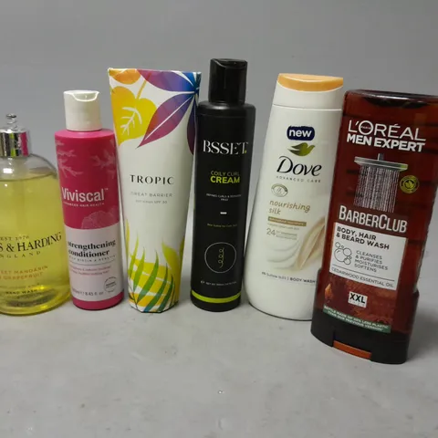 APPROXIMATELY 20 ASSORTED COSMETIC ITEMS TO INCLUDE - DOVE NOURISHING SILK BODY WASH - TROPIC GREAT BARRIER SUN LOTION SPF 30 - VIVISCAL STRENGTHENING CONDITIONER