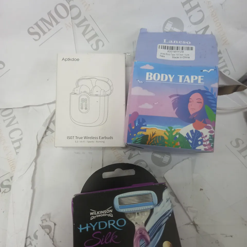 LOT OF THREE TO INCLUDE BODY TAPE , TRUE WIRELESS EARBUDS AND HYDRO SILK RAZOR