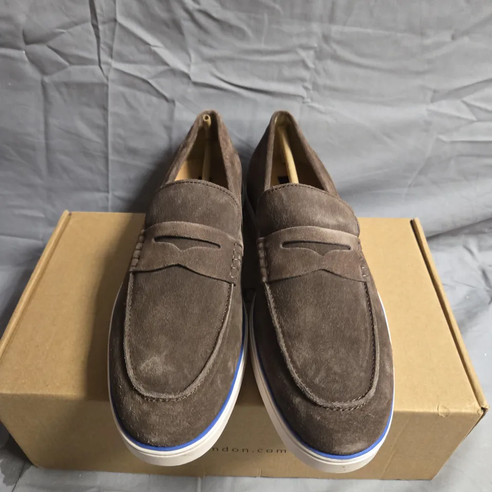 BOXED PAIR OF DUNE LONDON BROWN SUDED PENNY SHOES - UK SIZE 9