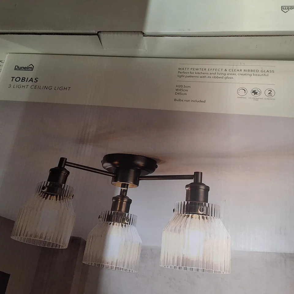 BOXED DUNELM TOBIAS 3 LIGHT CEILING LIGHT MATT PEWTER EFFECT AND CLEAR RIBBED GLASS