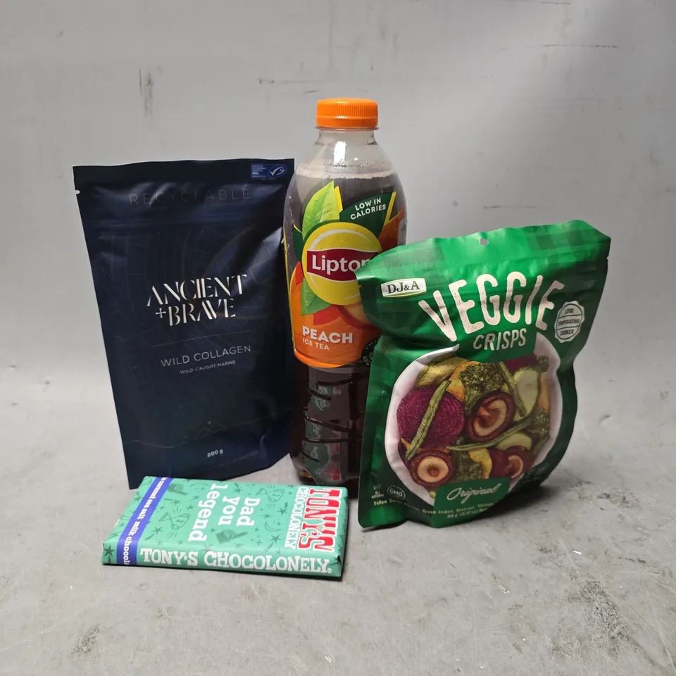 APPROXIMATELY 9 ASSORTED FOOD & DRINK ITEMS TO INCLUDE - TONY'S CHOCOLONELY , VEGGIE CRISPS , LIPTOP PEACH ICE TEA ETC