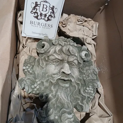 BURGESS GARDEN ORNAMENT – BEARDED HEAD SCULPTURE WITH GRAPES (STONE/CONCRETE)