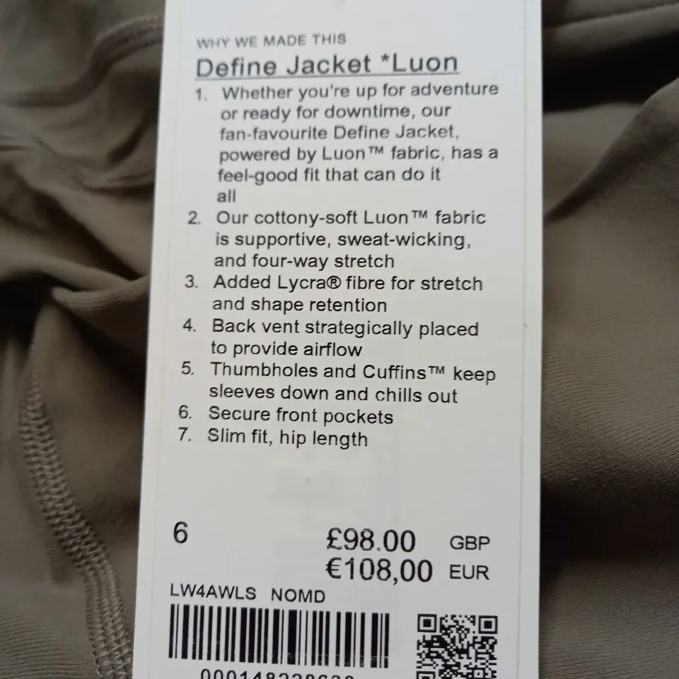 LULULEMON DEFINE JACKET SIZE 6