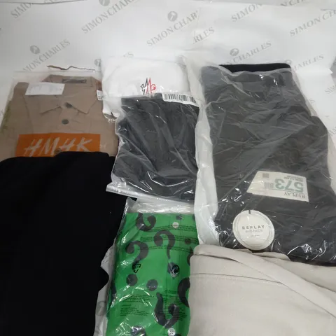 LARGE BOX OF ASSORTED CLOTHING ITEMS IN VARIOUS COLOURS AND SIZES INCLUDING TROUSERS , TOPS AND JUMPERS