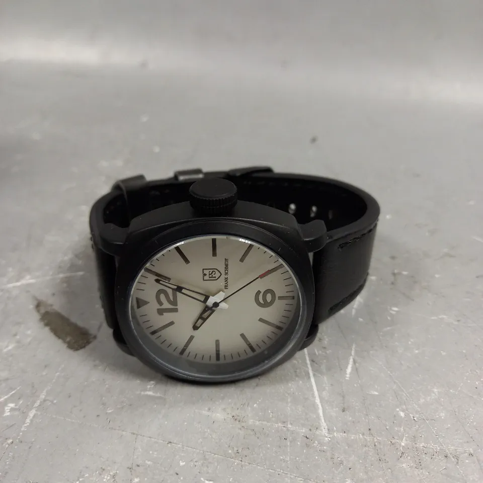 MENS FRANK SCHMIDT WATCH – LARGE BLACK CASE – WHITE PILOT DIAL – BLUE LEATHER STRAP – 3ATM WATER RESISTANT